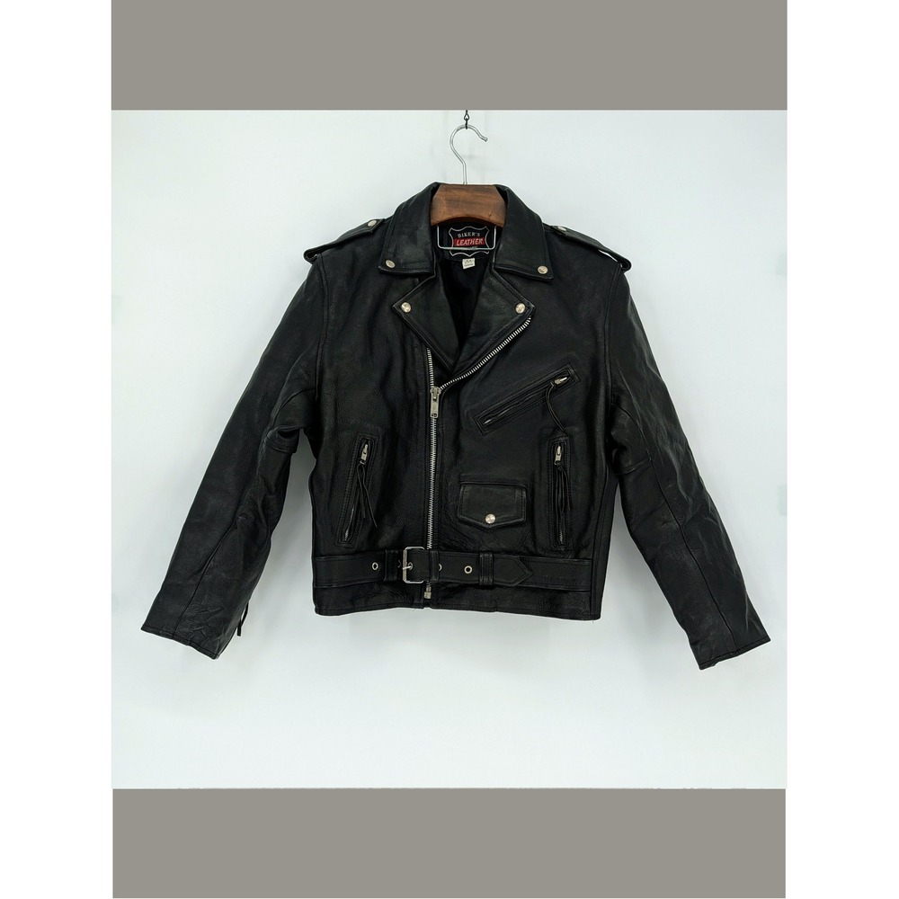 Men's Black Leather Biker Jacket Moto Belted Motorcycle Size 44